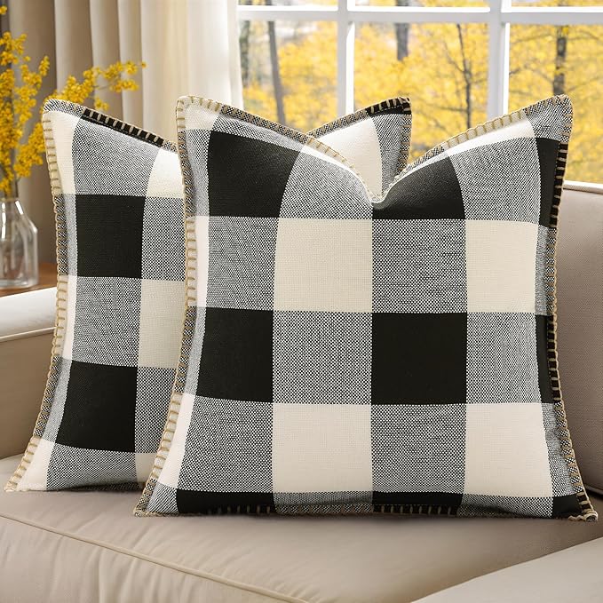 decorUhome Buffalo Plaid Check Throw Pillow Covers 20x20 Set of 2, Outdoor Decorative Farmhouse Neutral Pillow Covers with Stitched Edge for Bed Couch Sofa, Black and White