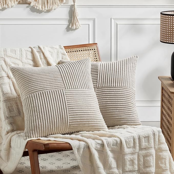 Fancy Homi 2 Packs Neutral Taupe Decorative Throw Pillow Covers 20x20 Inch for Living Room Couch Bed Sofa, Farmhouse Boho Home Decor, Soft Corss Corduroy Patchwork Accent Square Cushion Case 50x50 cm