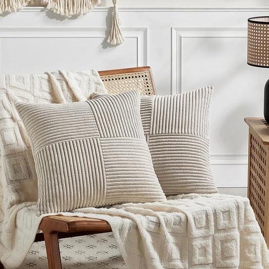 Fancy Homi 2 Packs Neutral Taupe Big Decorative Throw Pillow Covers 24x24 Inch for Couch Bed Sofa, Rustic Farmhouse Boho Home Decor, Soft Corss Corduroy Patchwork Accent Square Cushion Case 60x60 cm