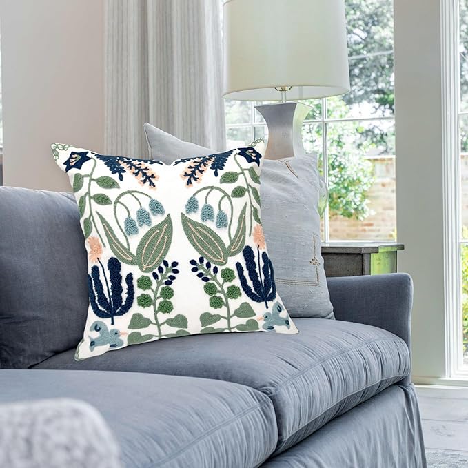 Alysheer Summer Floral Embroidered Decorative Throw Pillow Covers 18"x 18" Set of 2, Farmhouse Navy Blue Flowers Green Leaves Tufted Patterned Cotton Cushion Cases for Couch Bed Living Room Decor