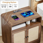 24" Large Side Table with Charging Station, Mid Century Modern End Table with USB/Type-C Ports, Curved Wood Nightstand with Storage & Natural Linen, Couch Side Table for Living Room Bedroom, Walnut