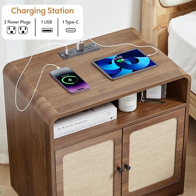 24" Large Side Table with Charging Station, Mid Century Modern End Table with USB/Type-C Ports, Curved Wood Nightstand with Storage & Natural Linen, Couch Side Table for Living Room Bedroom, Walnut