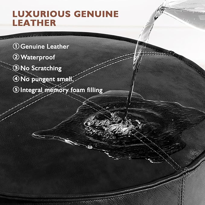 Round Leather Ottoman,Handmade Stuffed Ottoman,Genuine Leather Pouf, Foot Rest Pouf,Comfortable Soft Seating for Living Room & Bedroom (Black, Round)