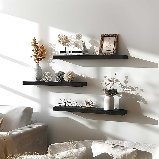 24 Inch Floating Shelves for Wall Rustic Black Wood Wall Shelves for Bedroom Set of 4