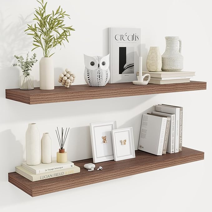 Fun Memories 40" Rustic Wood Floating Shelves with Invisible Brackets for Storage & Decor, Deep Wall Mounted Shelves for Bathroom, Kitchen, Living Room (Walnut, Set of 2)