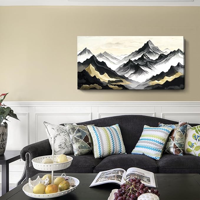 amatop Large Abstract Mountain Wall Art for Living Room Office Bedroom Modern Landscape Canvas Art Print Inspirational Artwork Horizontal Black Gold and White Nature Picture Wall Decor 48x24 Inch