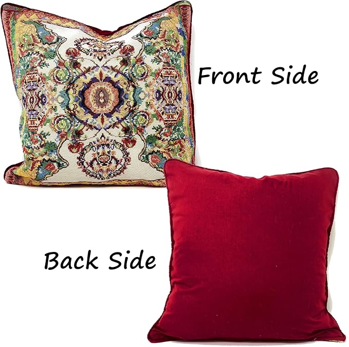 Tache Cushion Cover 18x18 Rococo Elegant Ornate Ivory Colorful Paisley Cotton Linen Tapestry Woven Decorative Throw Pillow Cover, 1 Piece
