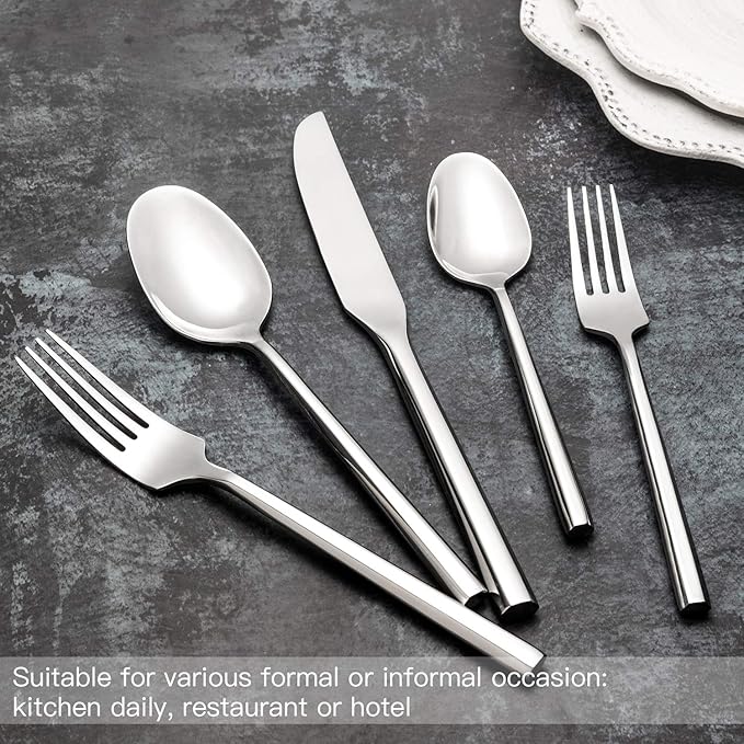 Hand Forged Stainless Steel Flatware Set Silverware Set Cutlery Set Hexagon Handle 5 Pieces Service for 1