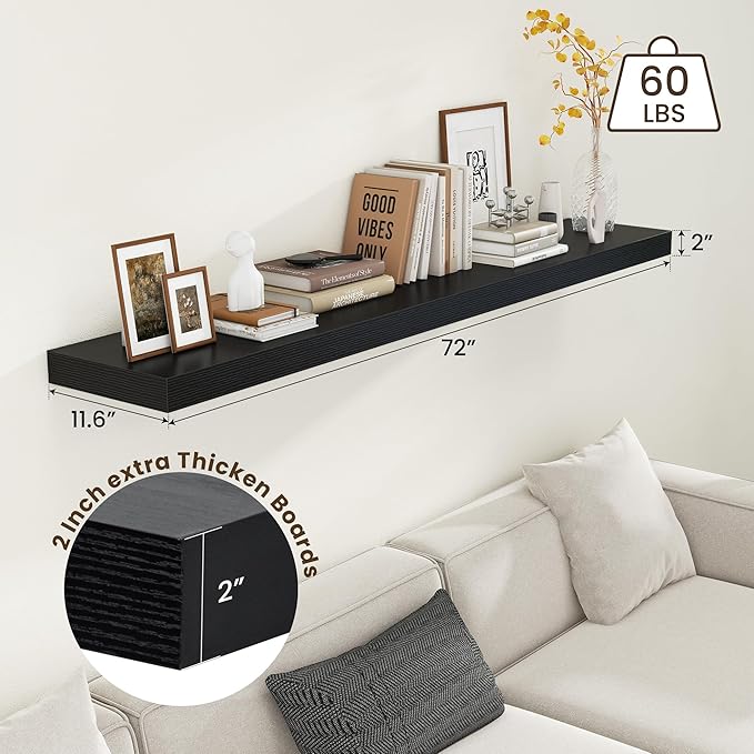 Black Floating Shelves for Wall - 72 Inch Wide x 12 Inch Deep Wall Shelves Set of 1 - Rustic Black Wood Shelves for Living Room, Bathroom, Laundry Room, Bedroom, Kitchen, Home Office