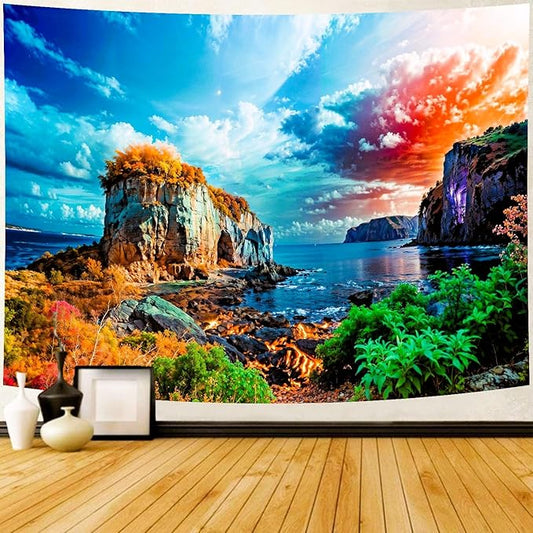 Delur Coastal Ocean Beach Tapestry Tropical Forest Tree Sunrise Sea Landscape Tapestry Wall Hanging Wave Sunset Nature Colorful Spiritual Headboard for Bedroom Living Room Home Decor (51.2" x 59.1")