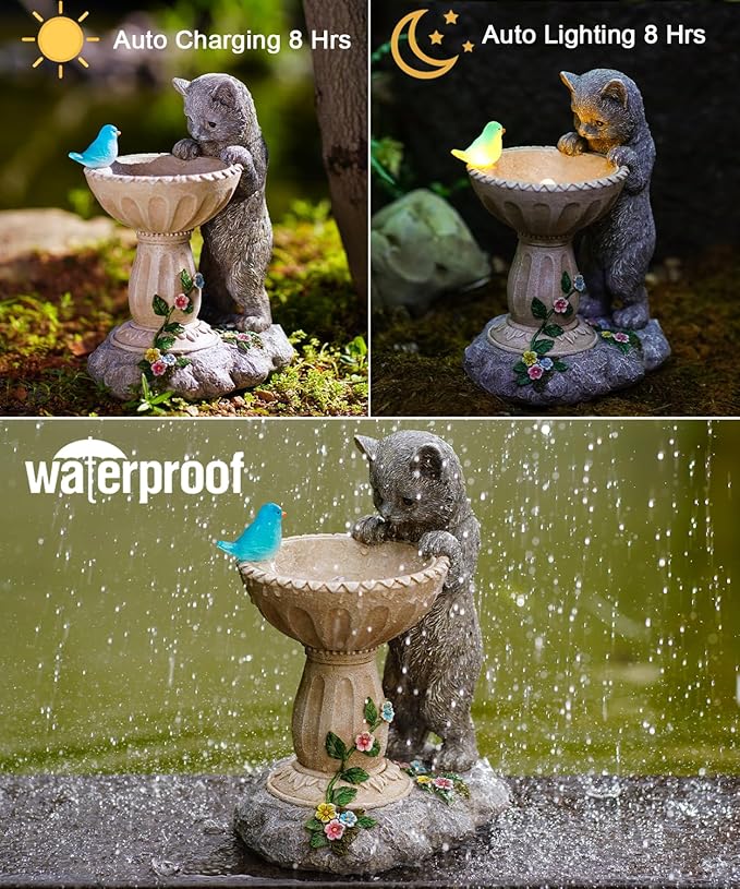 Nacome Solar Cat Birdbath Garden Decor: Outdoor Statues Ornaments for Outside Decorations Yard Art Lawn Porch Patio Balcony - Birthday Gifts Choice for Mom Grandma Women Lover
