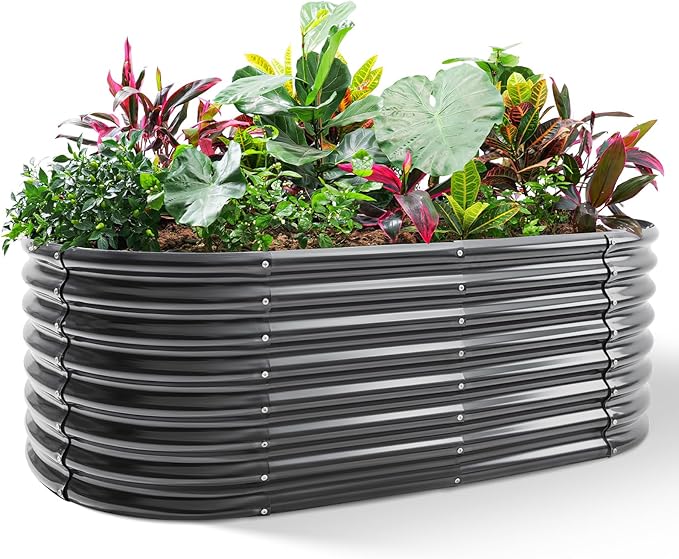 Land Guard Galvanized Planter Raised Beds, 6×3×2ft Galvanized Water Trough, Keyhole Raised Garden Bed Metal (Dark Gray)