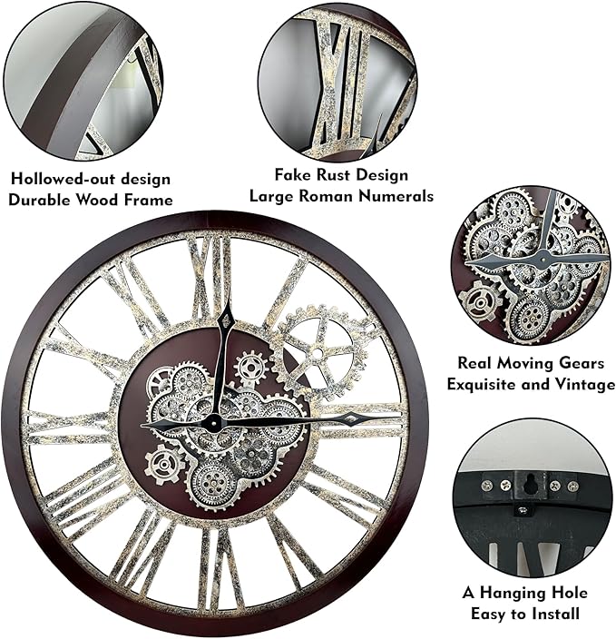 The B-Style Large Real Moving Gears Wall Clock 30 inch Rustic Retro Industrial Farmhouse Wood Clock Oversized Decorative Vintage Wall Clocks for Living Room (Cherry red and Bronze