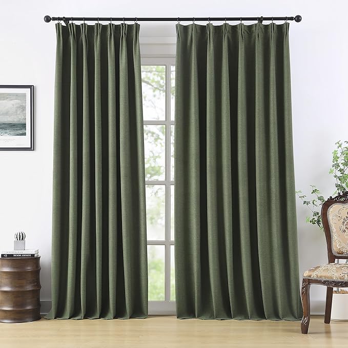 RAIN CITY Extra Wide Linen Blackout Curtains & Drapes with Hooks 70 in Width for 60&72 Inch Window 2 Panels,Back Tab Pleated Curtains for Track System Sliding Glass Door 70x108,Loden Olive Green