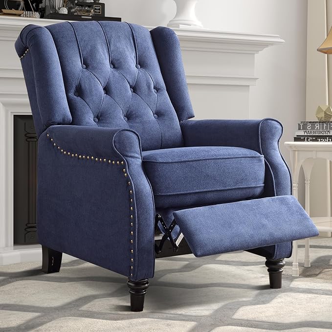 EBELLO Pushback Recliner Chair, Fabric Armchair Push Back Recliner with Rivet Decoration, Single Sofa Accent Chair for Living Room, Bedroom, Navy Blue