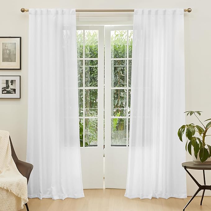 MYSKY HOME Patio White Curtains for Sliding Door, Living Room Curtains & Drapes Soft Cotton Farmhouse Window Treatments 90 inch Length 2 Panels Set Linen Look Semi Sheer Draperies, 50" W x 90" L
