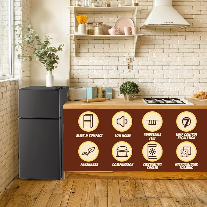 2.4 Cu.ft Mini Fridge with Freezer Compact Fridge Refrigerator Dual Door Small Fridge Senven Temp Gear Removable Shelves Dark Grey