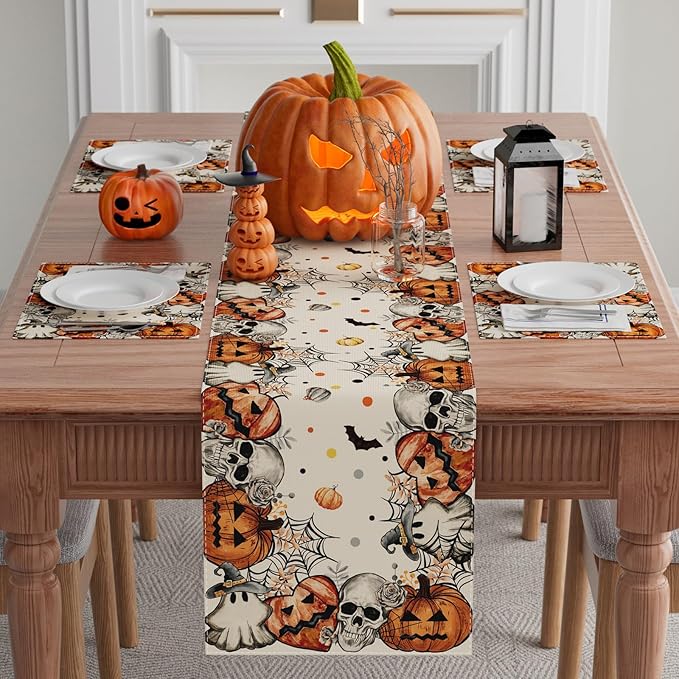 XCHI Spooky Skeleton Ghost Pumpkin Halloween Table Runner Party Table Decoration for Home Kitchen Dining Holiday Decor 13x48 Inch