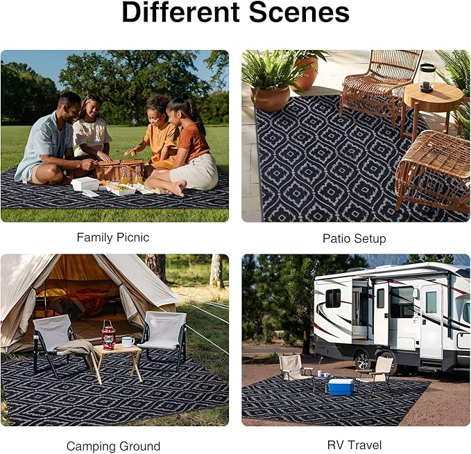 OLANLY Outdoor Rug 5x8 ft Waterproof, Outdoor Plastic Straw Rug with Geometric Pattern Clearance, Reversible RV Mat for Patio, Camping, Balcony, Deck, Backyard, Black & Grey