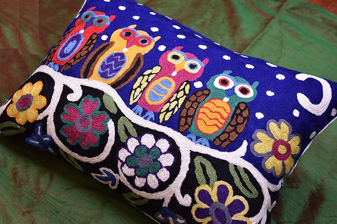 Lumbar Four Owls Decorative Pillow Cover Blue Whimsical Hand Embroidered Wool 14x20