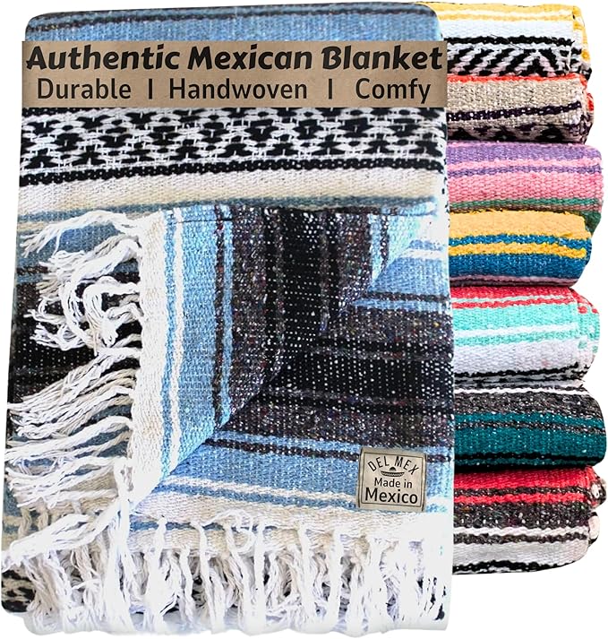 Del Mex Classic Mexican Blanket, Large Authentic Woven Falsa Throw (70"x50"), Artisan Southwest Décor for Beach, Yoga, Outdoors (Light Blue)