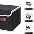 ANMINY 2PCS Storage Bins with Lid PU Leather Handles Storage Boxes PP Plastic Board Decorative Foldable Lidded Cotton Linen Fabric Home Cubes Baskets Closet Organizer Containers - Black, Large Size