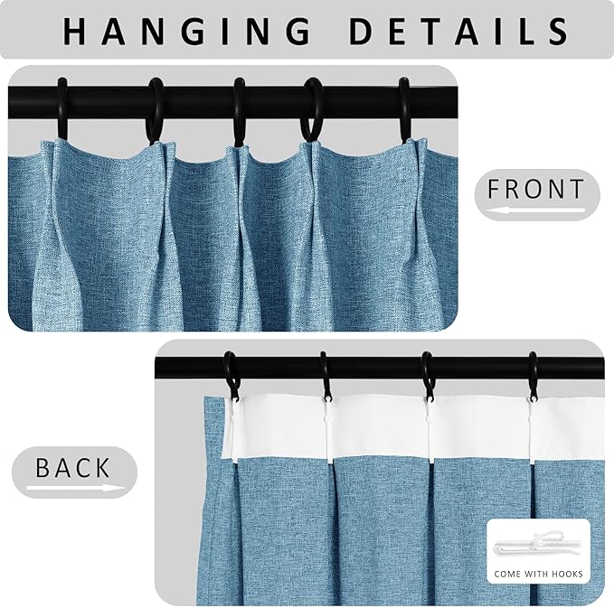 Macochico 120”Wx102”L 100% Blackout Linen Curtains Pinch Pleated Thermal Panels for Sliding Door Bedroom Living Room Farmhouse Shabby Chic Blue Burlap Curtains with Tieback 1 Panel