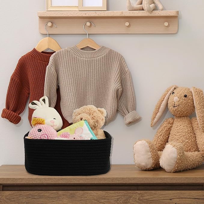 Small Woven Storage Baskets 12“X8”X5“ Decorative Rope Bins for Organizing Shelves, Closets, and Toys, Empty Gift Baskets, Cute Organizer Basket for Home and Office (black, regular)