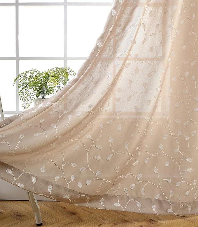 MIUCO Floral Embroidered Semi Sheer Curtains Faux Linen Grommet Curtains for Kitchen 52 x 84 Inch 2 Panels, Linen