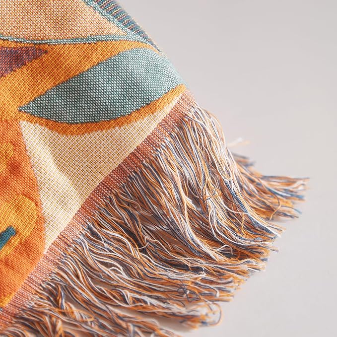 Boho Throw Blanket for Couch Sofa Bed, 100% Cotton Woven Quilt with Tassel 60”x80”, Super Soft Muslin Blanket with Floral Printed, Decorative Reversible Bed Blanket/Cover for All Seasons