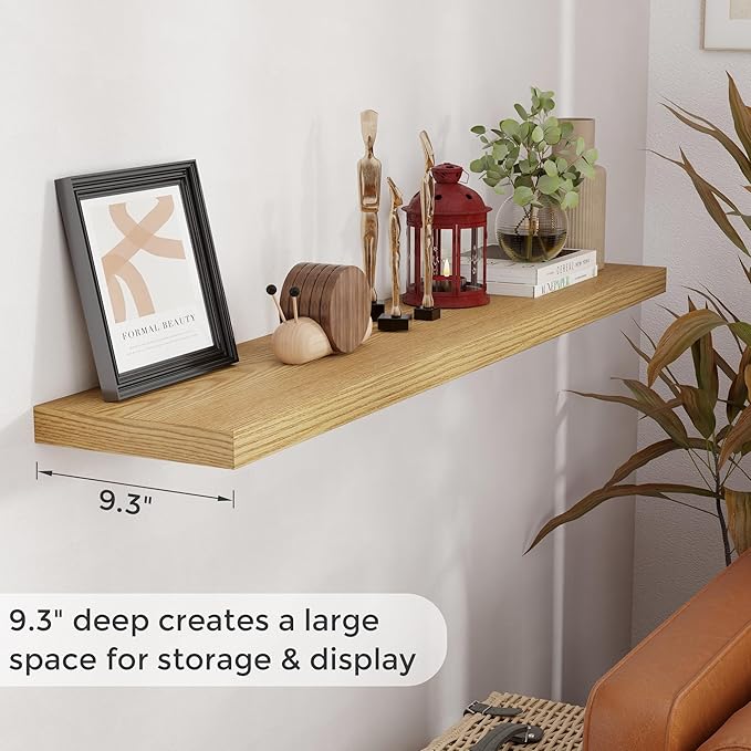 Floating Shelves 55 Inch Long, 55"W x 9"D Wall Shelf Invisible Bracket, 9 Inch Deep Floating Shelf for Wall, Rustic Wooden Shelves for Living Room, Kitchem, Bedroom, Oak Color, Set of 1