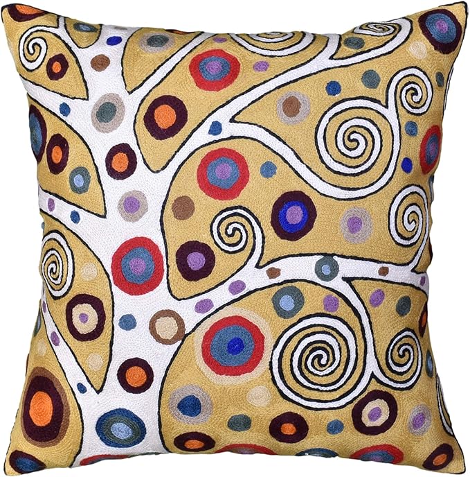 Decorative Pillow Cover Tree of Life Yellow Gold Pillows Botanical Yellows Throw Pillowcase for Couch | Mid Century Pillows for Sofa | Hand Embroidered Cushions Wool 18x18