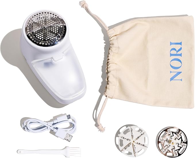 Nori Trim Fabric Shaver - Lint Remover for Clothes & Furniture Couch Pilling - Sweater Pill Remover - Clothes Shaver with 6 Precision Blades - Wireless and Rechargeable - White