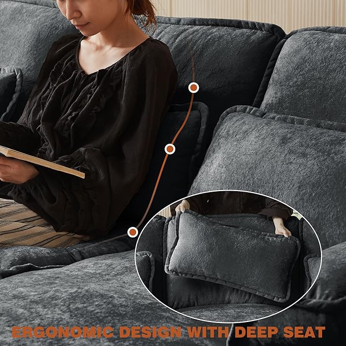 113" Oversized Cloud Couch, U Shape Sectional 4 Seat Sofa with Double Chaises, 2 Layer Cusions, Deep Seat Comfy Sofa, Upholstery Chenille Fabric for Living Room, Dark Grey