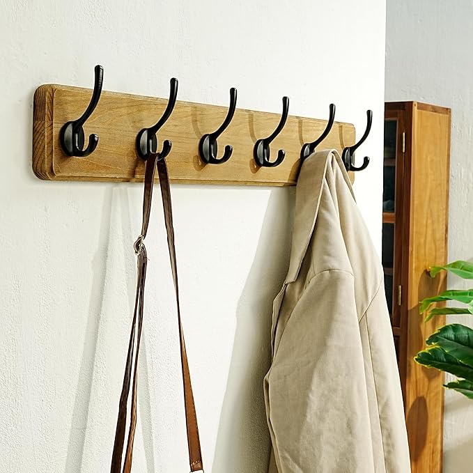 Dseap Wall Mounted Coat Rack: 24" Long, Patented, Heavy-Duty, 6-Double-Hooks Wooden Hanger Rail for Winter Coats, Hat, Jacket, Clothing - Weathered Brown, Pack of 2