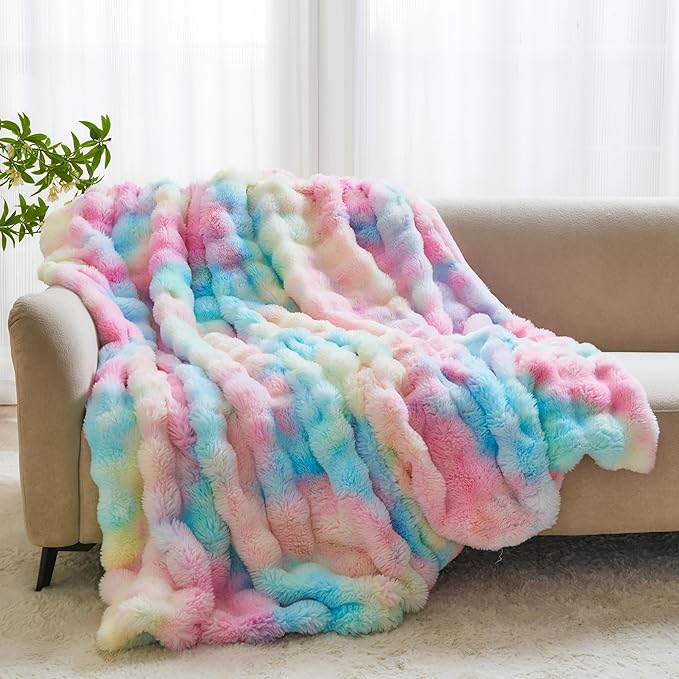 RYNGHIPY Faux Fur Throw Blanket Tie Dye Colorful Rainbow Blanket for Couch Plush Fluffy Faux Rabbit Fur Decoration Blanket for Sofa Chair Bed (Rainbow, 51''x63'')