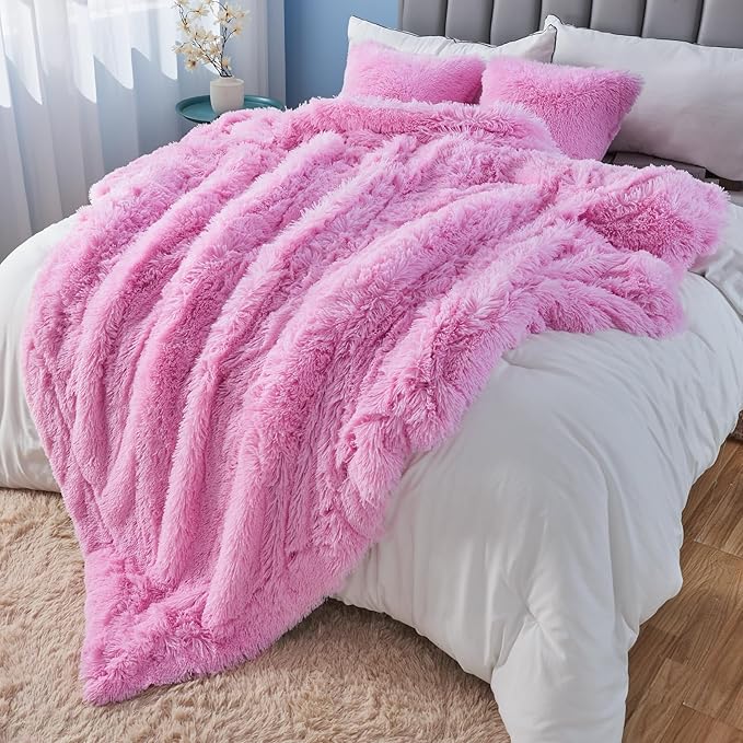 GONAAP Fuzzy Faux Fur Throw Blanket Queen Size Light Pink Super Soft Cozy Plush Fuzzy Shaggy Blanket for Couch Sofa Bed (Light Pink, Queen(90"x90"))