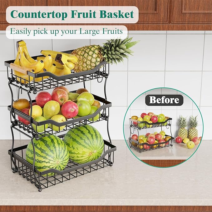 Giwil 3 Tier Countertop Fruit Basket for Kitchen, Vegetable Storage Bread Fruit Bowl Stand with 2 Banana Hooks, Wall Mounted Metal Wire Basket Organizer for Potato Onion, Black