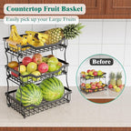 Giwil 3 Tier Countertop Fruit Basket for Kitchen, Vegetable Storage Bread Fruit Bowl Stand with 2 Banana Hooks, Wall Mounted Metal Wire Basket Organizer for Potato Onion, Black