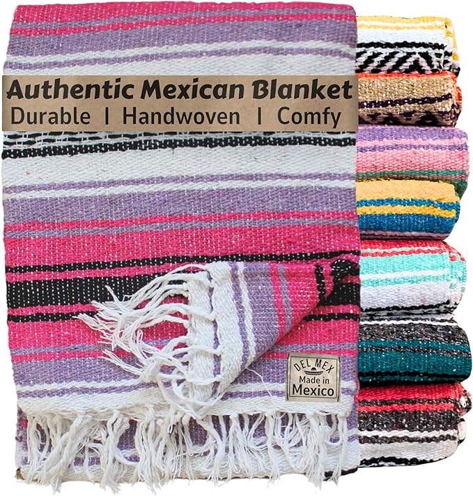 Del Mex Classic Mexican Blanket, Large Authentic Woven Falsa Throw (70"x50"), Artisan Southwest Décor for Beach, Yoga, Outdoors (Pink/Purple)