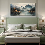 Rustic Wall Art for Living Room Large Size Teal Mountain Tree Landscape Canvas Wall Art for Bedroom Office Decor 29 x 59 Inch
