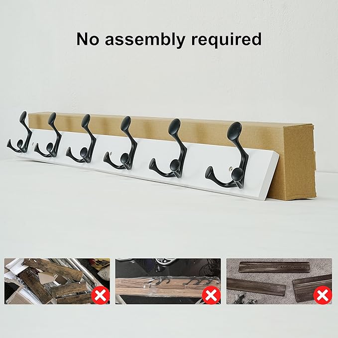 SKOLOO 39-Inch White Wood Coat Rack Wall Mount with 6 Triple Hooks - Ideal for Family Entrances, Classrooms, and Pet Supplies Storage - Perfect Coat Hooks for Wall, Pack of 2