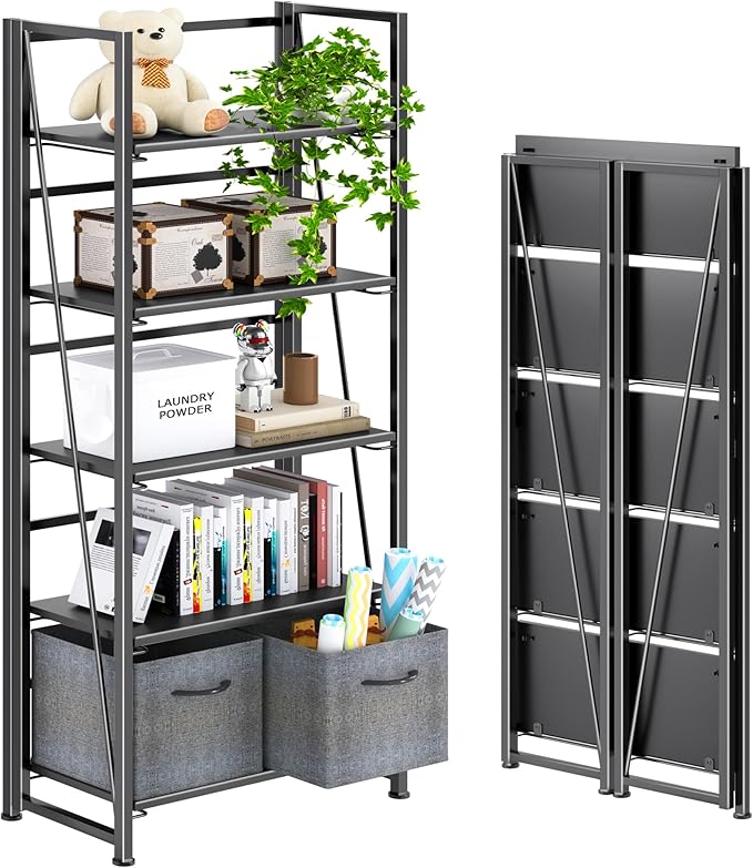 4NM No Assembly Foldable Bookshelf, 5-Shelf Collapsible Bookcase Storage for Small Spaces, 62.2" H, All Black