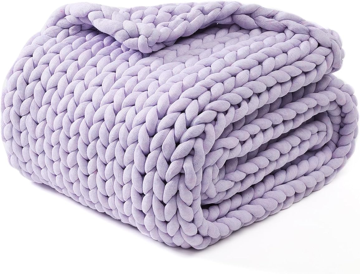 YnM Chunky Throw Blanket, Medium-Weight, Hand Knitted, Skin Friendly, Ventilated and Breathable, Machine Washable, Home Décor Piece for Couch, Sofa and Bed (Iris Lavender, 80x87 Inch)