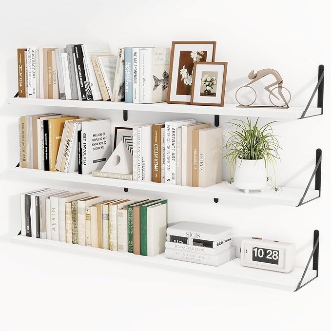 Heimlove 48 Inch Large Floating Bookshelves Set of 3,White Wall Mounted Bookshelves,Heavy Duty Wooden Shelves for Living Room,Bedroom,Kitchen,Laundry Room Storage & Decor