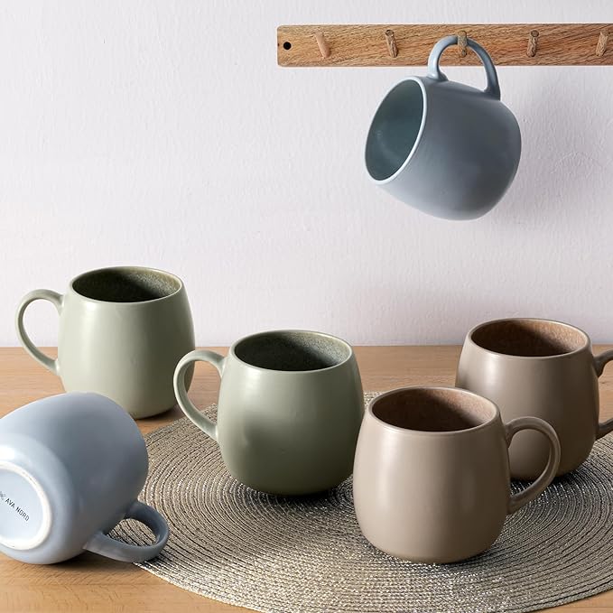 Ceramic Coffee Mugs Set of 6, 14oz - Modern Scandinavian Aesthetic - Microwavable Stoneware Coffee Cups with Comfortable Handle - Tea Mug Set for Latte, Cappuccino, Soup - Pale Blue Mist