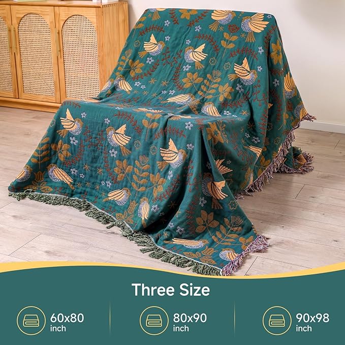 Boho Throw Blanket for Bed Couch 100% Cotton Woven Bed Throws for All Season Lightweight and Soft Cozy Farmhouse Reversible Muslin Decorative Blanket for Travel Picnic, Teal/Cream, 91''x98''
