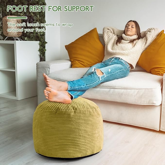 HIGOGOGO Round Stuffed Pouf Ottoman, Corduroy Poufs with Foam Chunk Filling, Furry and Fluffy Pouf Foot Stool Storage Ottoman, 20 X 15 Floor Poufs Foot Rest for Living Room, Green