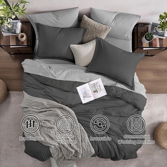 Monbix California King Comforter Set - 7 Pieces Cationic Dyeing Dark Grey Bed in a Bag Cal King Bed Sets with Comforter, Sheets, Pillowcases & Shams, Reversible Bedding Comforters Sets (108 * 92)