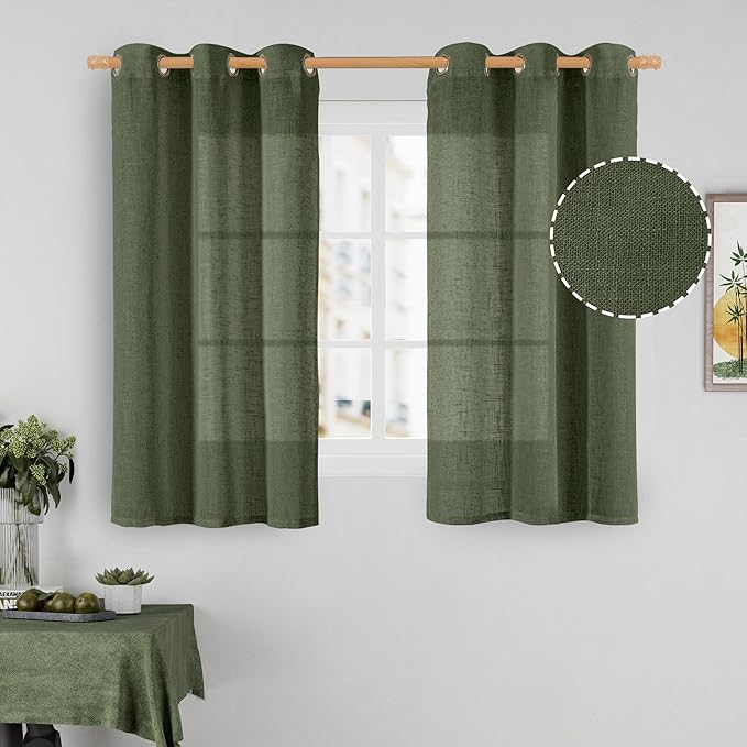 LAMIT 45 Inch Short Window Linen Curtains, Light Filtering Panels Bronze Grommet Room Decor Drapes for Small Windows/Bathroom/Loft Room, Olive Green, 2 Panels, 34 x 45 Inch